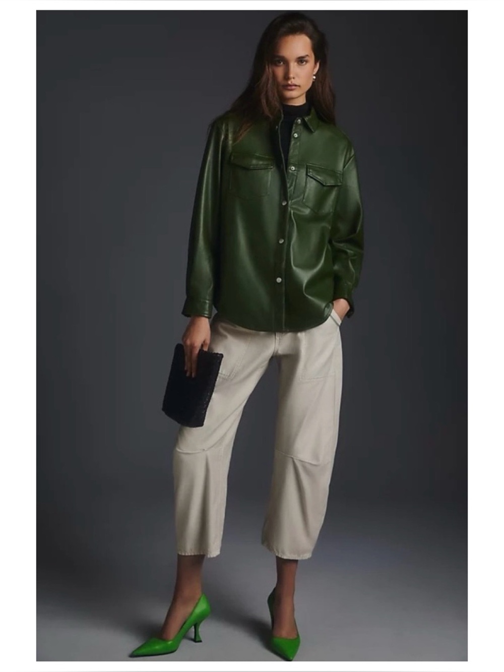 NWOT Anthropologie Avec Les Filles Faux Leather Oversized Shirt In Dar Green S
